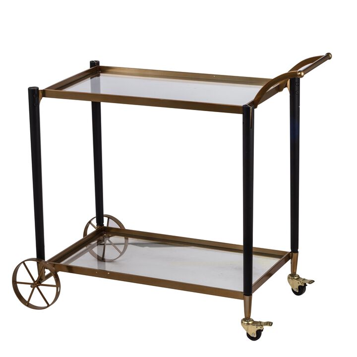 36 Inch Serving Cart, Metal and Fir Wood, 2 Tier Glass Shelves, Gold, Black - Benzara