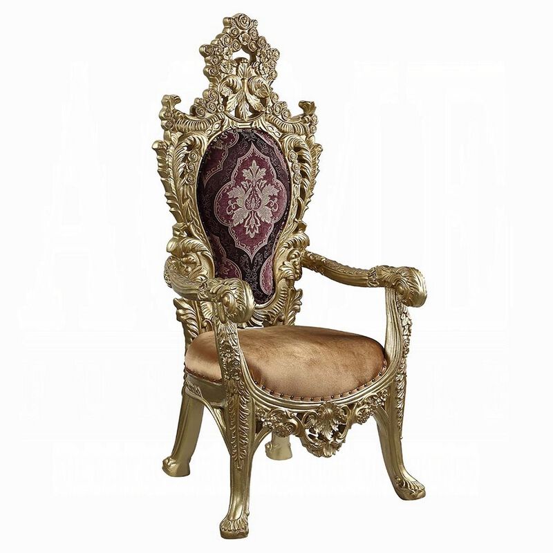Rexx Dining Armchair Set of 2, Crown Top, Nailhead Trim, Gold and Red - Benzara image number 0