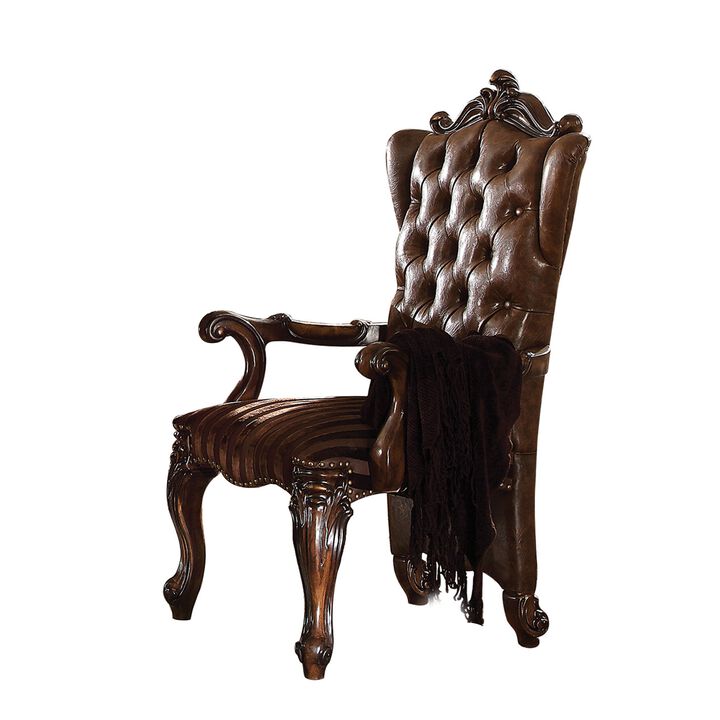 Wooden Arm Chair with Button Tufted Backrest and Carved Details, Set of 2, Brown-Benzara