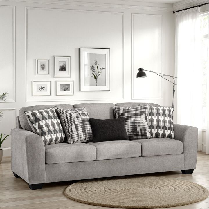 Delaney Sofa, Gray Polyester, 5 Accent Throw Pillows, Black, 97 Inch