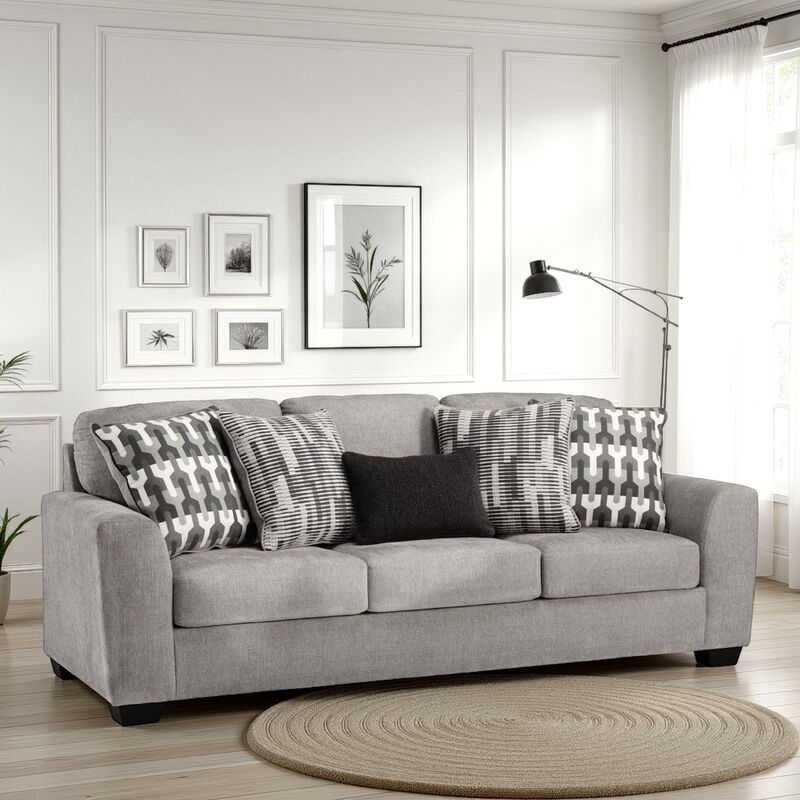 Delaney Sofa, Gray Polyester, 5 Accent Throw Pillows, Black, 97 Inch - Benzara