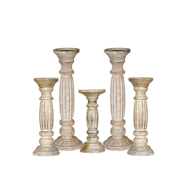 Traditional Antique White Eco-friendly Handmade Mango Wood Set Of Five 15",12",9",12" & 15" Pillar Candle Holder