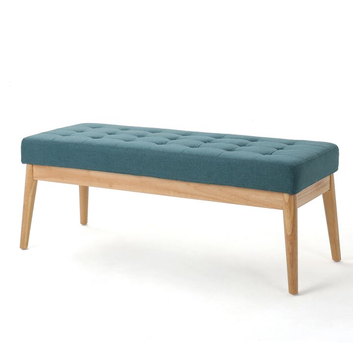 Gisa Ottoman Bench, Teal Blue Fabric Tufted Seat, 44 Inch Brown Wood - Benzara