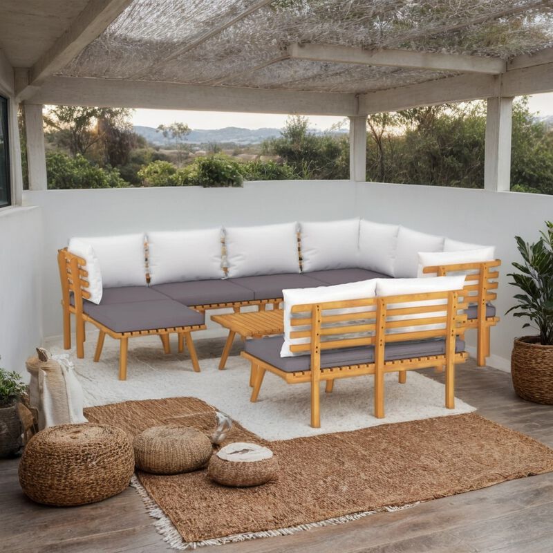 Roma 9pc Modular Outdoor Sofa and Table Set, Solid Wood, Gray, White - Benzara
