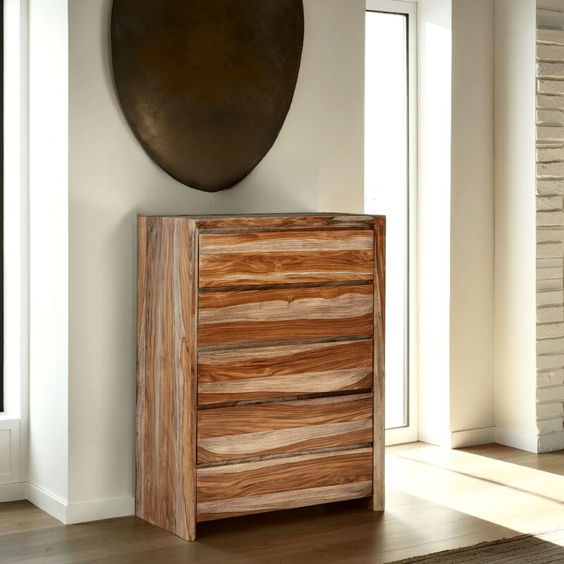 Donni Tall Dresser Chest, 5 Drawer, Brown Sheesham Wood, 51 Inch - Benzara