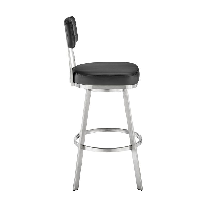 Poni 30 Inch Swivel Barstool Chair, Cushioned Seating, Black Faux Leather - Benzara
