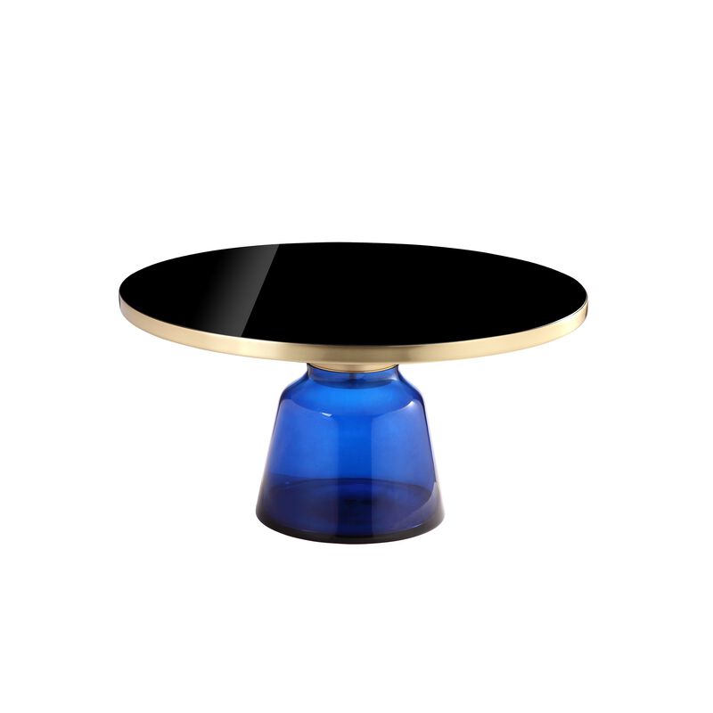 Len 30 Inch Coffee Table, Blue Blown Glass Bell Base, Funnel Top Gold Steel