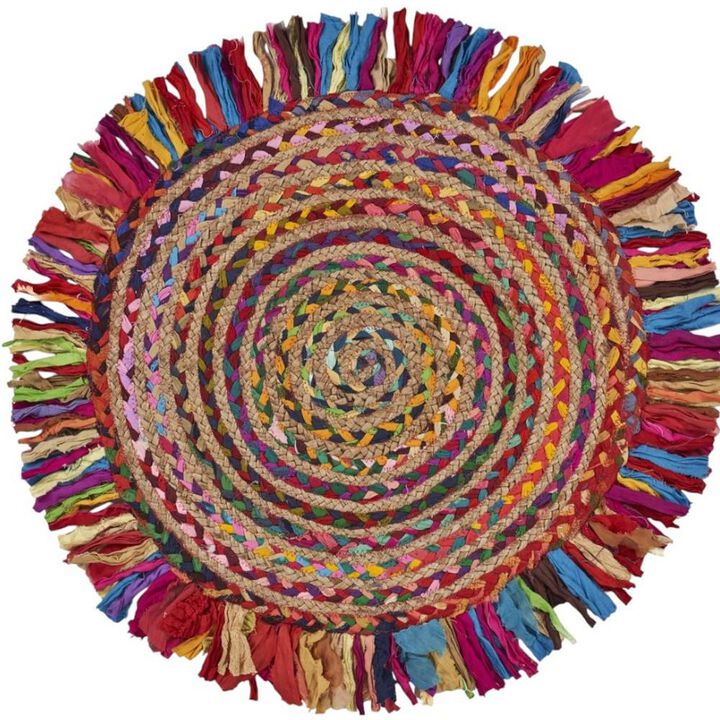 HomeRoots Abstract Geometric Hand Woven Round Rug With Fringe