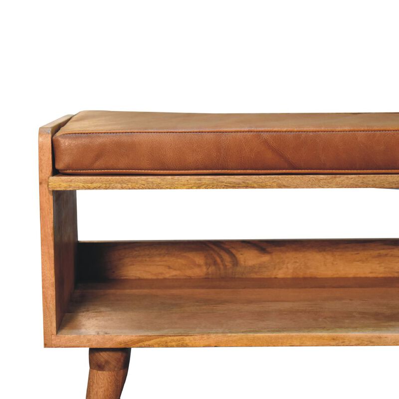 Artisan Furniture Oak-ish Bench with Tan Leather Seat-pad