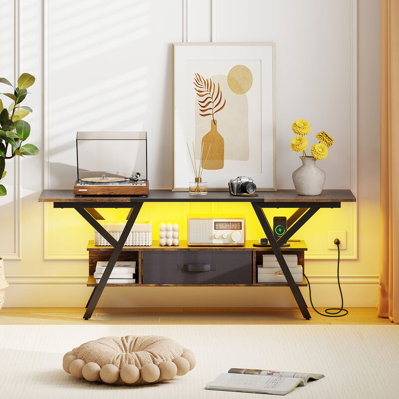 TV Console with Power Outlets and LED Lights for Media Storage-Rustic Brown image number 6