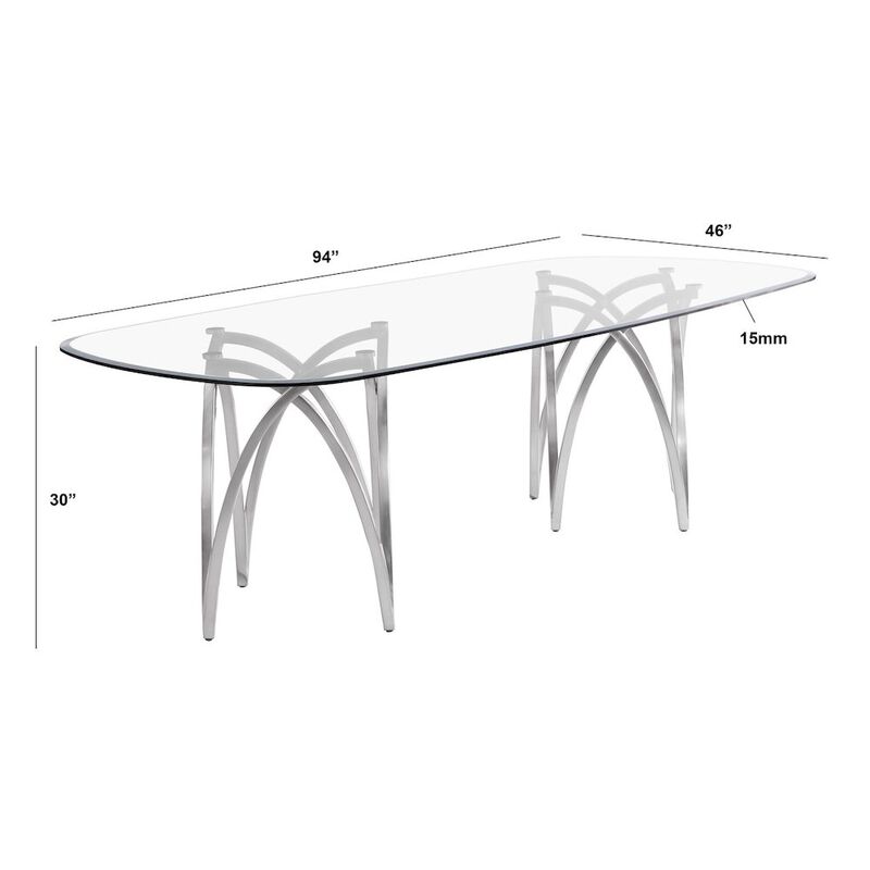 Best Quality Furniture Large Clear Tempered Glass Dining Table Brushed Silver Matte Chrome-Plated Base