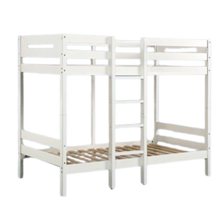 Asin Twin Bunk Bed with Front Facing Ladder, Pine Wood, Crisp White Finish - Benzara