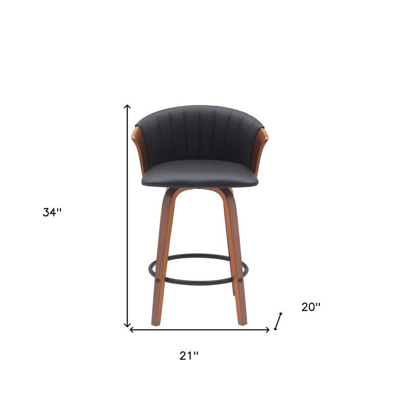 HomeRoots 26" Black and Wood Brown Faux Leather with Solid Wood Swivel Counter Height Bar Chair image number 6