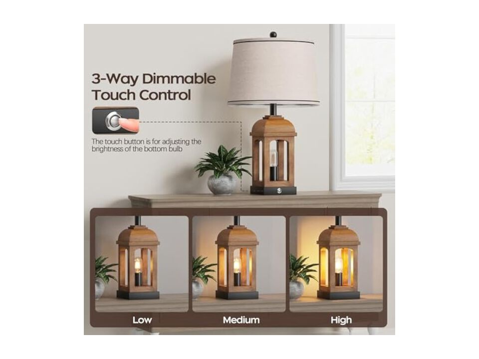 Touch Control Dimmable Table Lamp Farmhouse Wood Set of 2 Bedroom Living Room