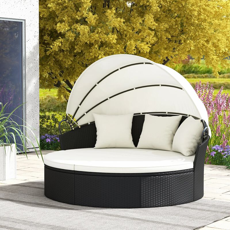 Mondawe Clamshell Patio Round Daybed Wicker with Retractable Canopy and Pillows
