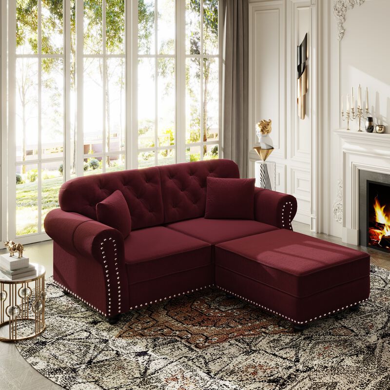 Whisen 2 Seat Velvet Upholstered Sofa with 2 Ottomans, Nailhead Trim, Mid-Century Modern, for Living Room image number 3