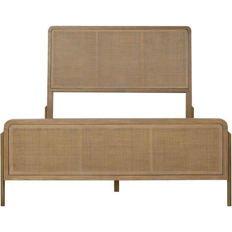 Sea Wood King Size Bed with Woven Cane Design, Open Panel, 4 Slats, Brown - Benzara