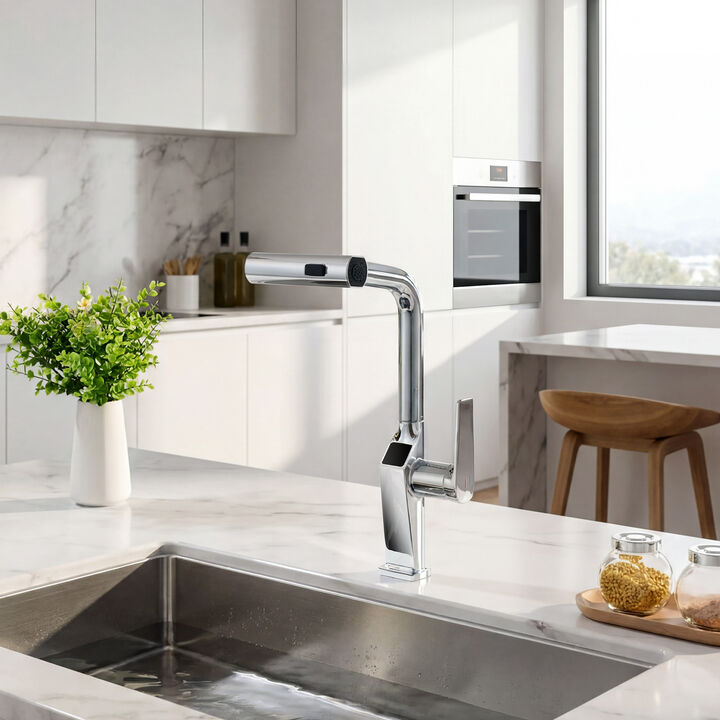 Touchless Kitchen Sink Faucet with LED Temperature Display, 3‑Function Pull‑Out Sprayer & 360&deg; Swivel Spout