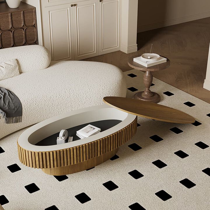 Oval coffee table with storage Solid wood veneer and MDF modern coffee table with fluted base Accent tea coffee table for living room