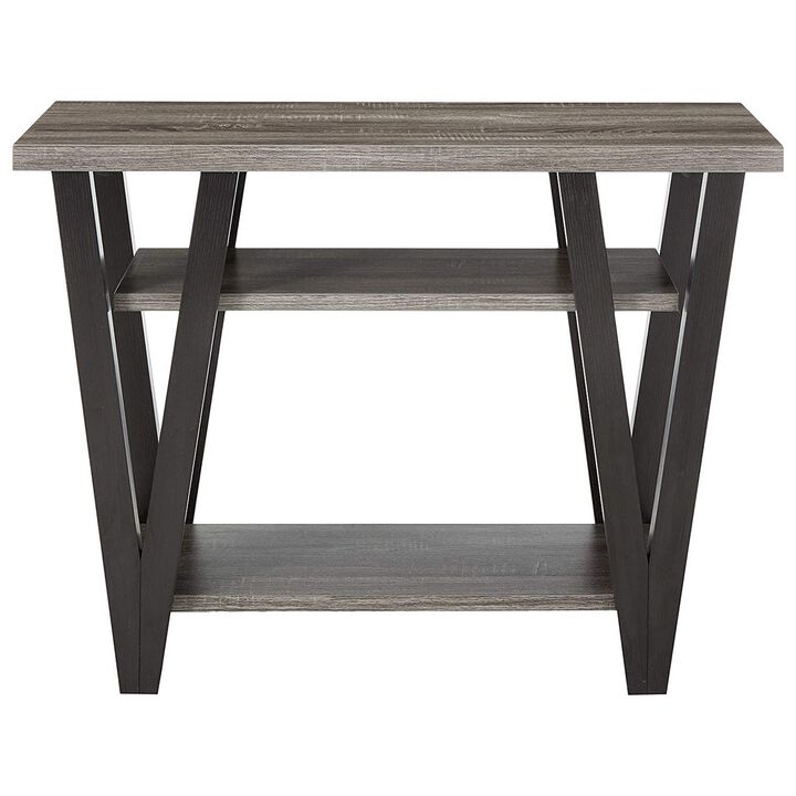 Zig zag Contemporary Solid Wooden End Table With Bottom Shelf, Gray And Black-Benzara