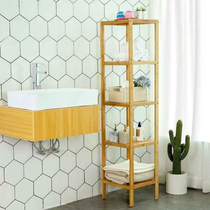 Hivvago Brown Bamboo Wood 4-Shelf Versatile Storage Unit Rack Narrow Bookcase