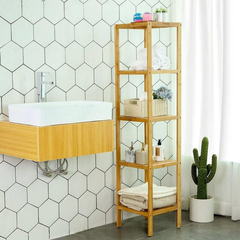 Hivvago Brown Bamboo Wood 4-Shelf Versatile Storage Unit Rack Narrow Bookcase image number 1