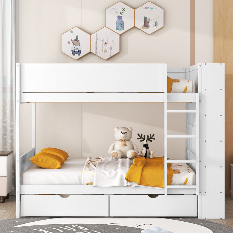 Full over Full Bunk Bed With 2 Drawers and Multilayer Cabinet, White