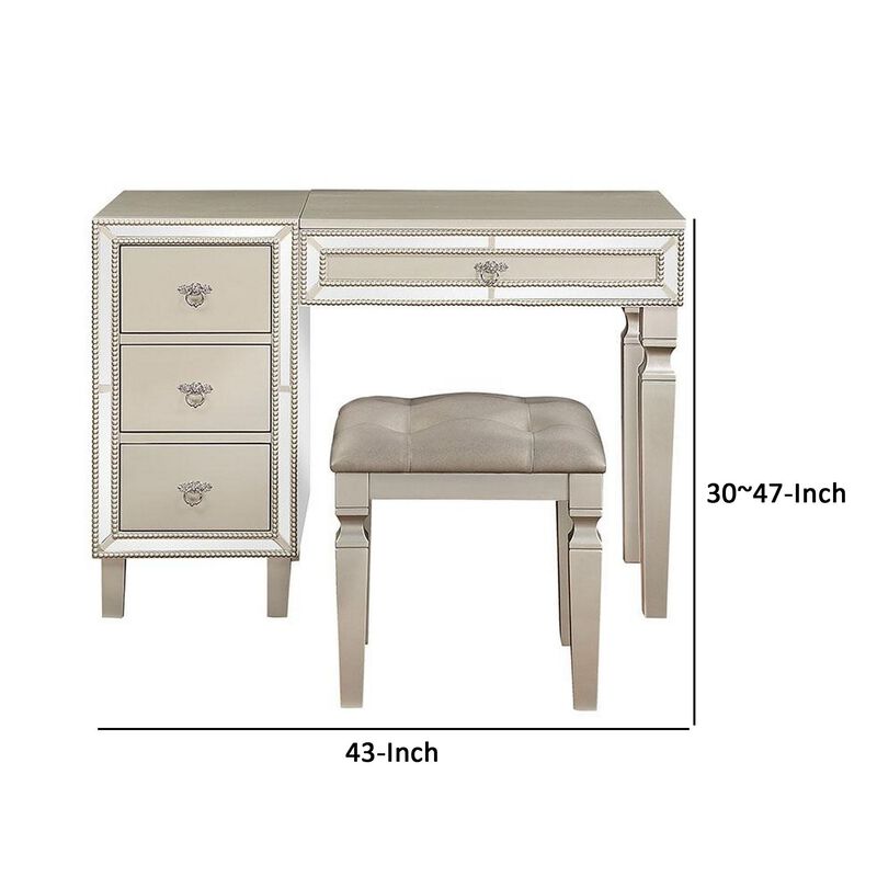 Sosi 47 Inch Vanity Desk Set, Padded Stool, Mirror Inlaid Drawers, Silver-Benzara