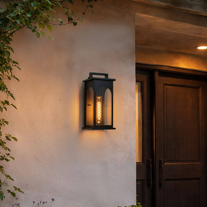 1-Light Modern 13 Inch Outdoor Wall Lantern Black Exterior Sconce with Clear Tempered Glass & Dusk-to-Dawn Sensor for Front Door Porch Light image number 3