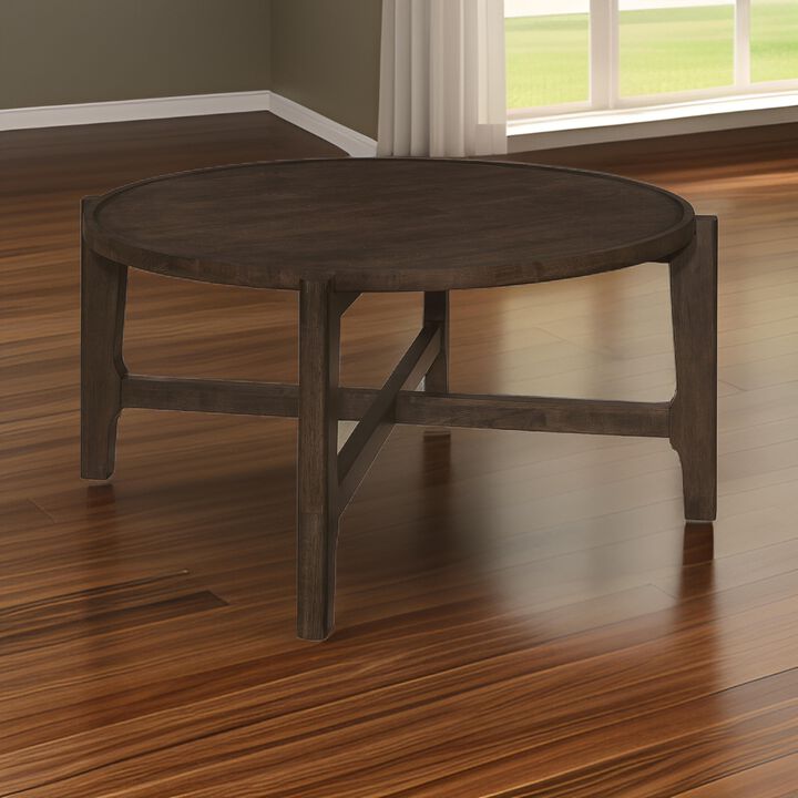 Katie Coffee Table, Round 38 Inch Top, Dark Brown Wood, Cross Beam Legs