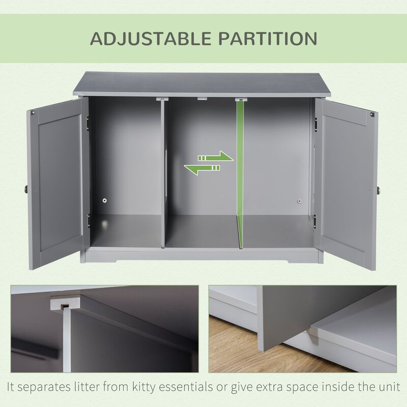 Cat Litter Box Enclosure with Adjustable Partition, Cat Washroom Side Table with Cat Hole, Hidden Litter Box with Magnetic Doors, Dark Grey