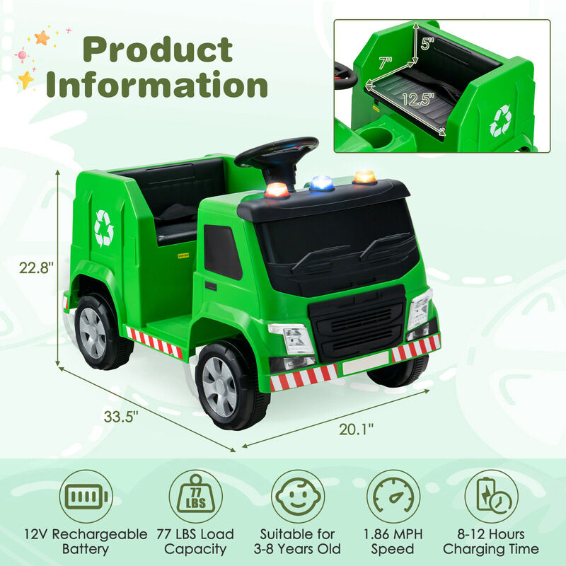 Kids Ride On Garbage Truck Toy with 6 Accessories and Realistic Warning Lights-Green image number 2