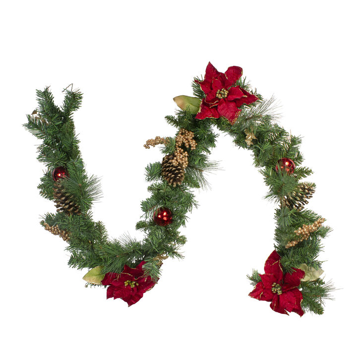 6' x 10" Pine and Poinsettias Artificial Christmas Garland - Unlit