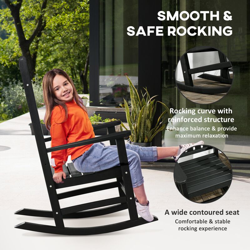 Black Outdoor Rocker: Wooden Chair with Rustic High Back & Armrests