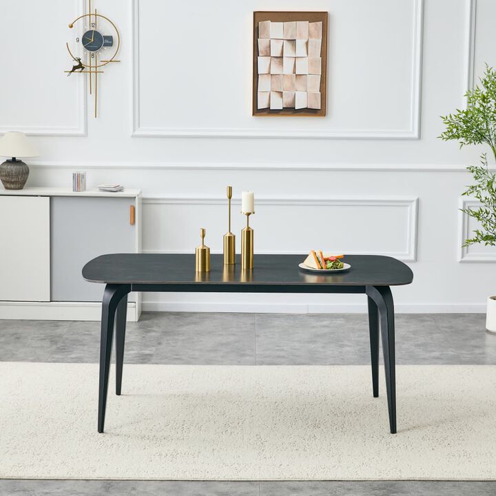 Rectangular Sintered Stone Dining Table Heat and scratch resistant tabletop dining table Metal base kitchen table with rounded corners