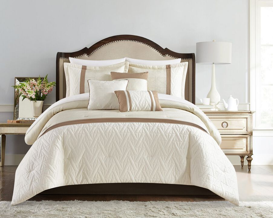 Chic Home Macie Comforter Set Jacquard Woven Geometric Design Pleated Quilted Details Bedding - Decorative Pillows Shams Included - 6 Piece - Queen 92x96", Beige