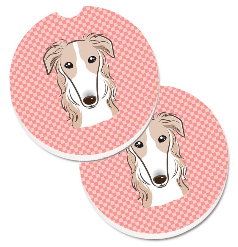 Caroline's Treasures Checkerboard Pink Borzoi Set of 2 Cup Holder Car Coasters BB1228CARC, 2.56, Multicolor