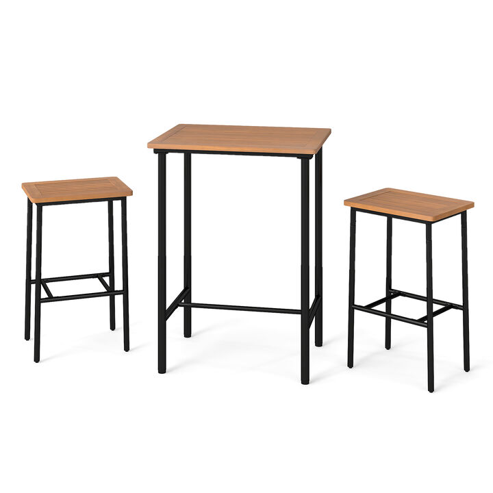 Acacia Wood Outdoor Bar Set 3 Piece with Rectangular Table and Metal Legs-Natural