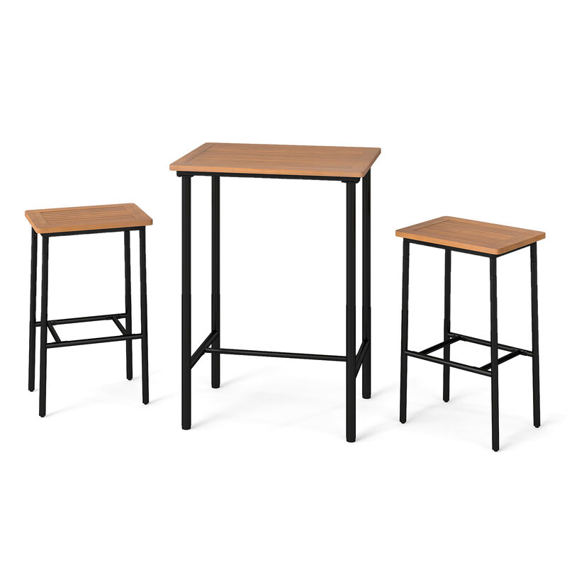 Acacia Wood Outdoor Bar Set 3 Piece with Rectangular Table and Metal Legs-Natural image number 0