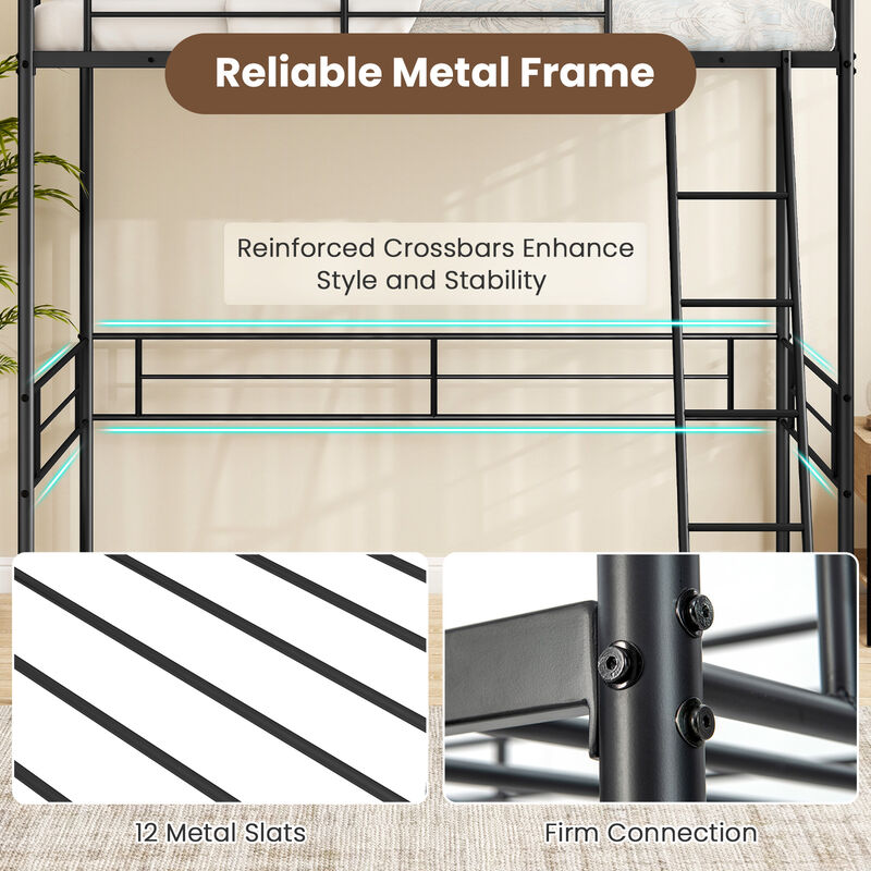 Loft Bed Metal Bed Frame with Ladder and Guardrails