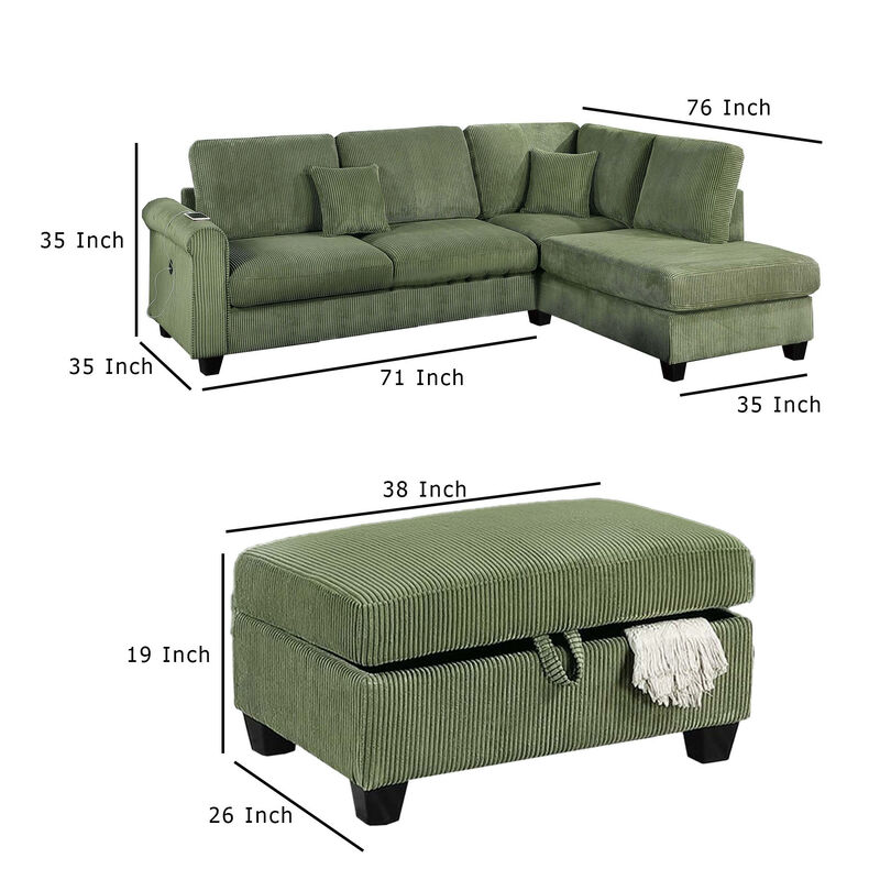 Roe 3pc Sectional Sofa Set w Chaise, Ottoman, 2 Pillows, Sage Green - Benzara