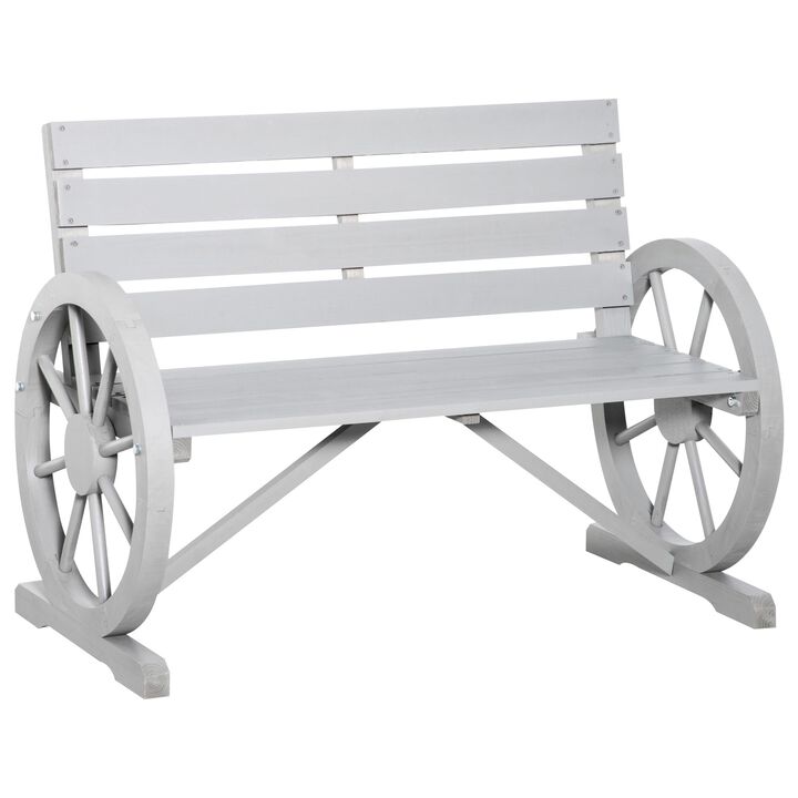 Charcoal Grey Wooden Wagon Wheel Bench: Rustic Outdoor Patio Furniture, 2-Person Seat Bench with Backrest