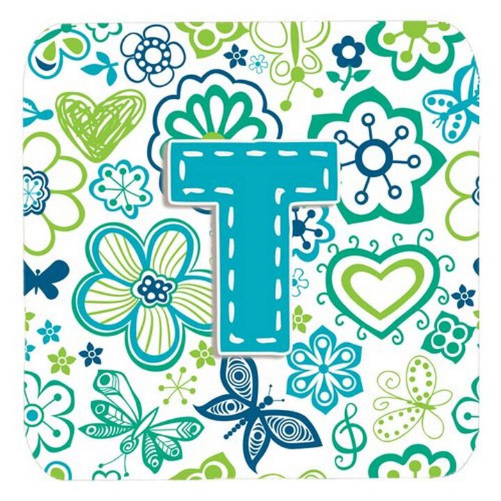 Caroline's Treasures CJ2006-TFC Letter T Flowers and Butterflies Teal Blue Foam Coasters (Set of 4), 3.5, Multicolor