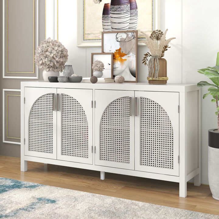 Large Storage Space Sideboard with Artificial Rattan Door and Metal Handles for Living Room and Entryway (White)