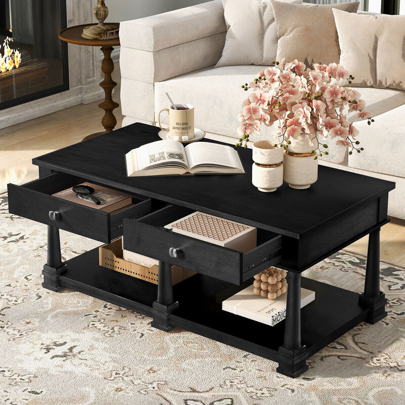 Merax Traditional Wood Coffee Table with 2 Spacious Drawers, Rich Wood Grain Finish image number 2