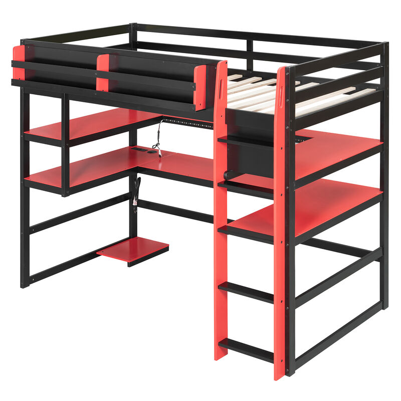 Merax Gaming Wood Loft Bed with RGB LED, USB Ports & Storage Rack image number 0