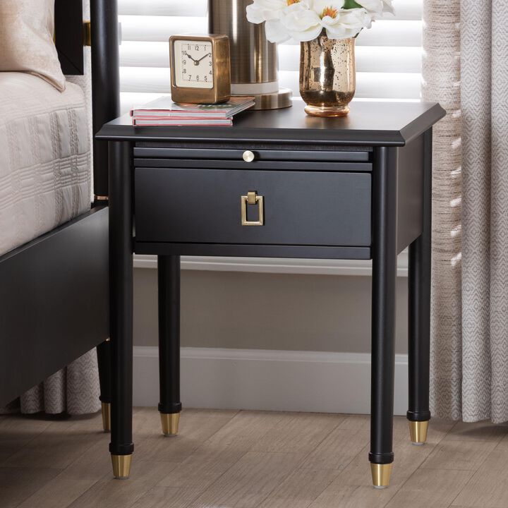 Baxton Studio Tamra Black Wood Nightstand with Pullout Shelf - Modern Transitional Bedside Table with Metallic Accents