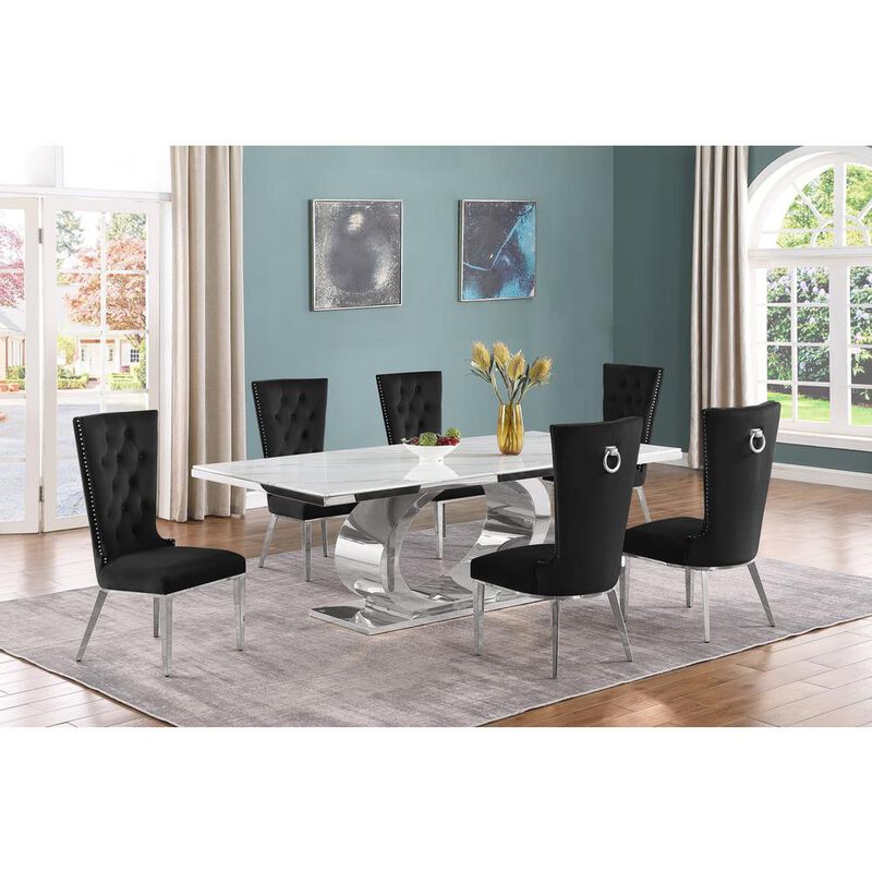 Best Quality Furniture 7pc Large(87) marble top dining set with silver base and 6 Black side chairs image number 2