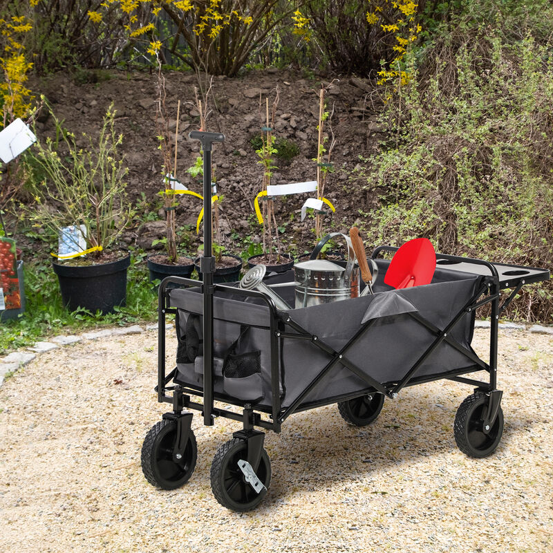 Outsunny Foldable Wagon Graden Carts with Wheels and Side Table, Black
