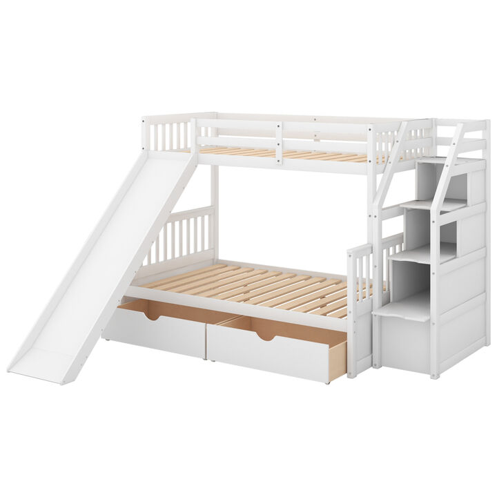 Twin over Full Bunk Bed with Drawers, Storage and Slide, Multifunction, White